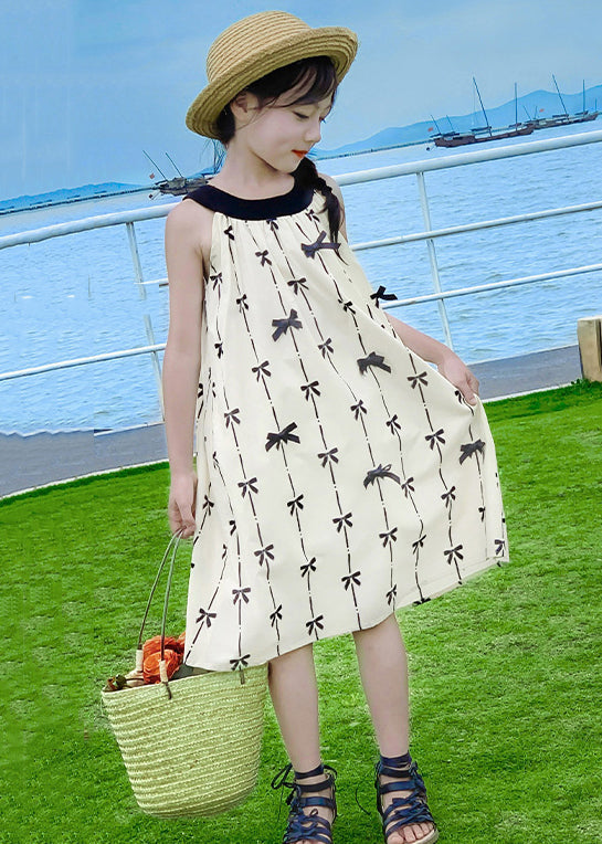 New Apricot O Neck Print Cotton Girls Dress Sleeveless EW035