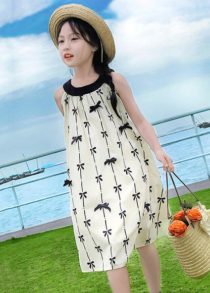 New Apricot O Neck Print Cotton Girls Dress Sleeveless EW035
