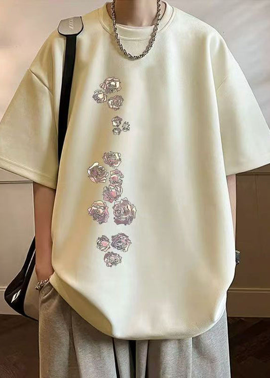 T Apricot Suede Shirt Faux Half Sleeve O Neck Mens Cozy Print New