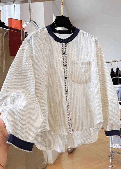 Fall Tops O Cotton Striped Pockets New Blouse Apricot Neck