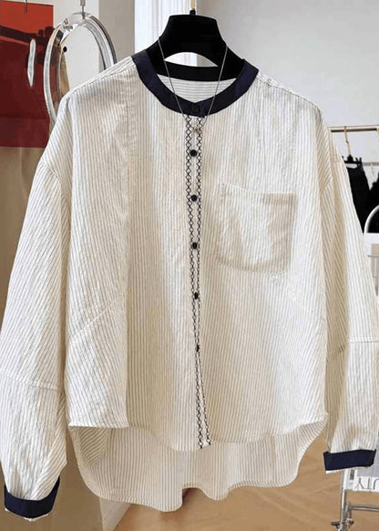 Fall Tops O Cotton Striped Pockets New Blouse Apricot Neck