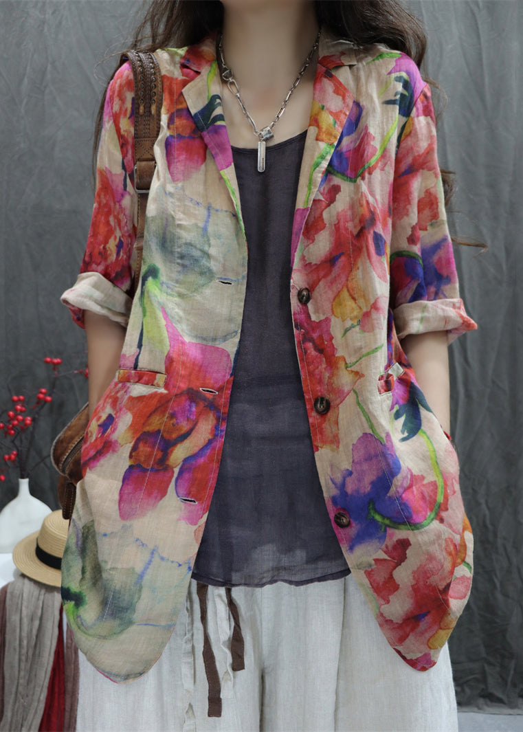 Open Coats Back Cotton Pockets Bracelet Apricot New Sleeve Print