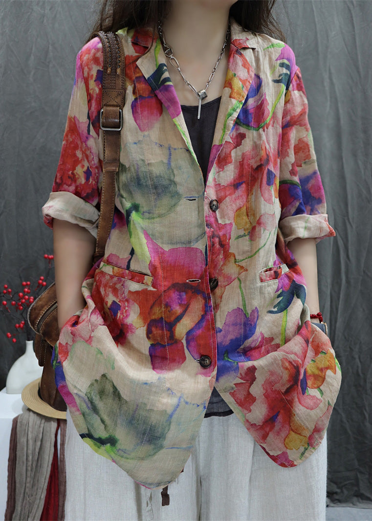 New Coats Sleeve Cotton Open Bracelet Back Pockets Apricot Print