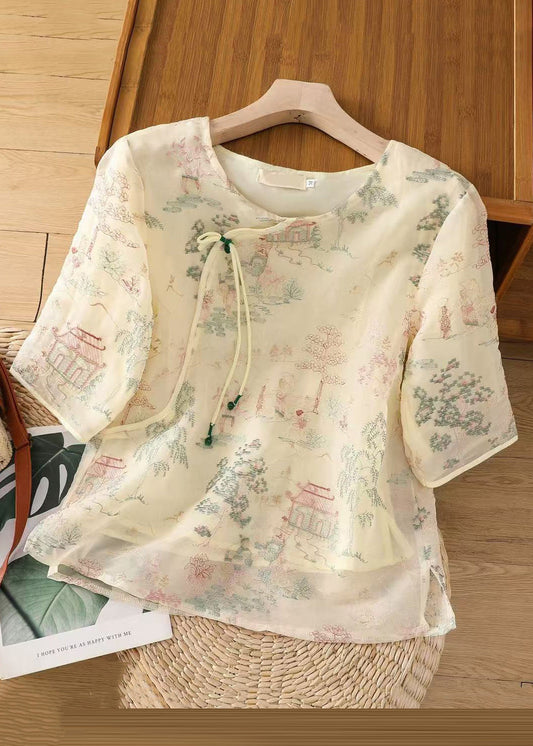 Tulle New Blouses Side Sleeve Half Open Apricot Print