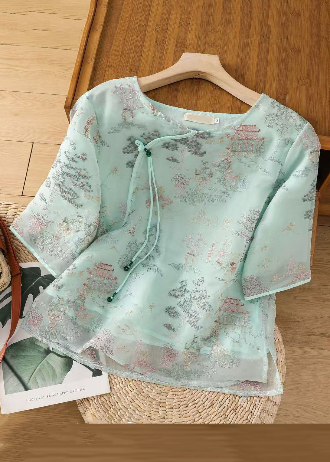 Tulle New Blouses Side Sleeve Half Open Apricot Print