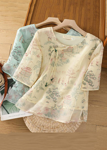 Tulle New Blouses Side Sleeve Half Open Apricot Print