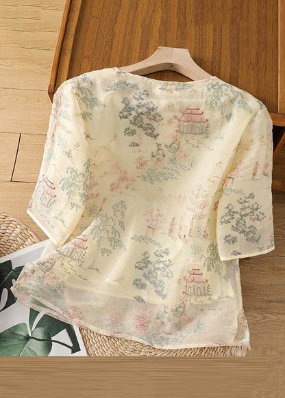 Tulle New Blouses Side Sleeve Half Open Apricot Print