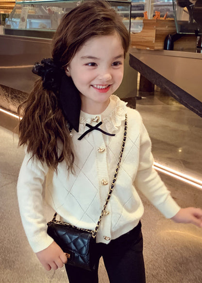 New Apricot Ruffled Patchwork Bow Cotton Knit Kids Cardigans Winter WL051