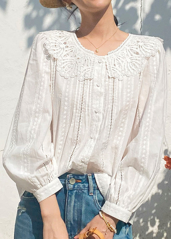 New Blouses Embroidered Spring Out Hollow Cotton Beige