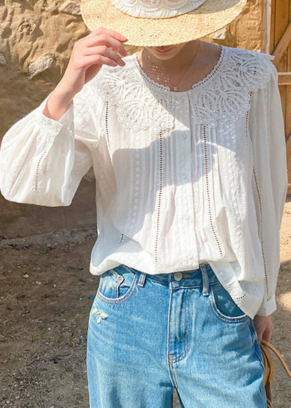 New Blouses Embroidered Spring Out Hollow Cotton Beige