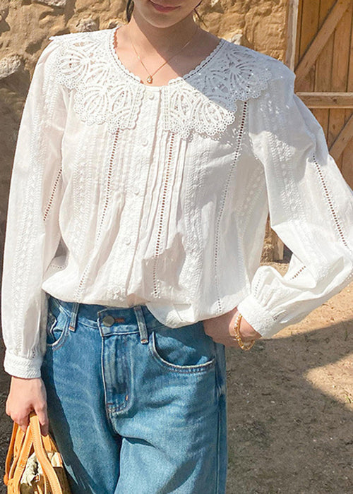 New Blouses Embroidered Spring Out Hollow Cotton Beige