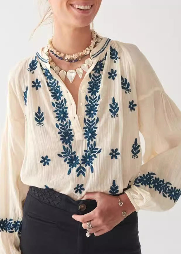 Beige Sleeve New Top Embroidered Puff Cotton Shirt