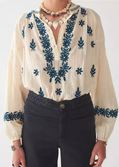 Beige Sleeve New Top Embroidered Puff Cotton Shirt