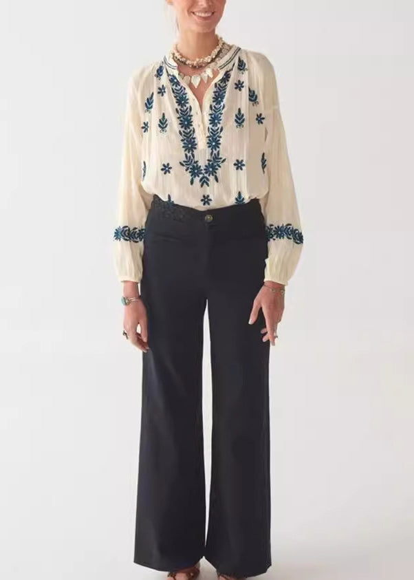 Beige Sleeve New Top Embroidered Puff Cotton Shirt