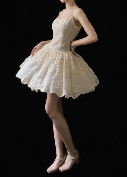 Sleeveless Wrinkled Cotton Dresses Mini Beige Embroidered New