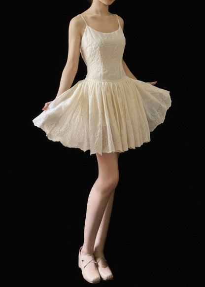 Sleeveless Wrinkled Cotton Dresses Mini Beige Embroidered New