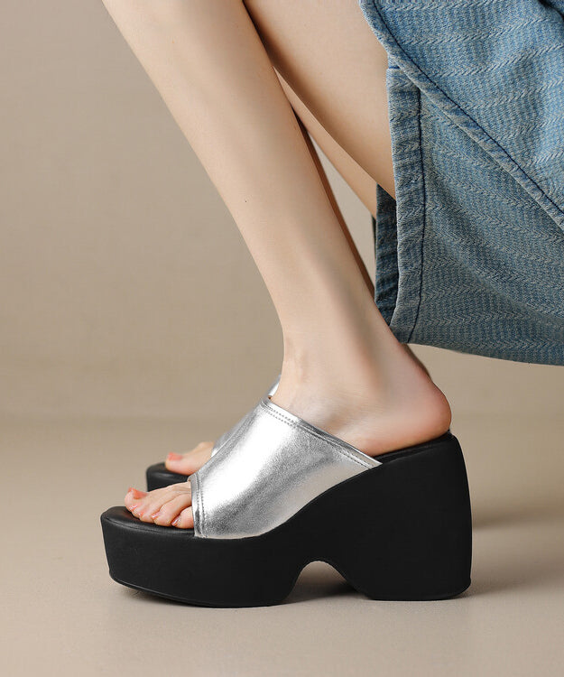 Slide Sandals Peep High Toe Wedge Beige Heels New