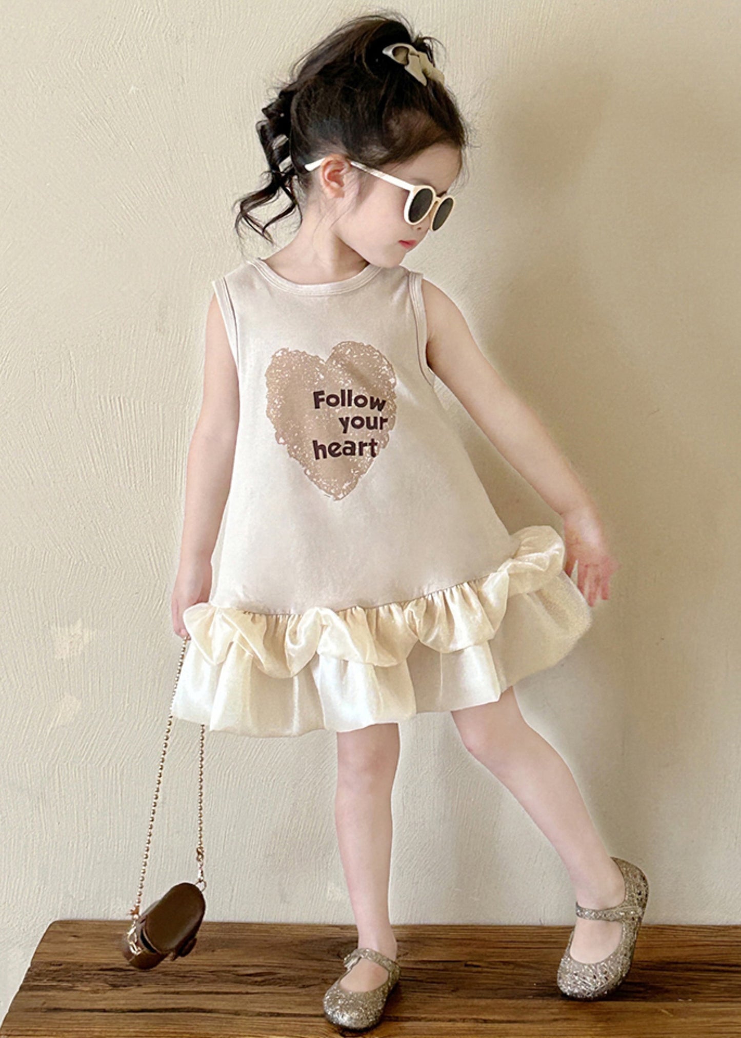 New Beige O-Neck Print Cotton Girls Dresses Sleeveless TT037