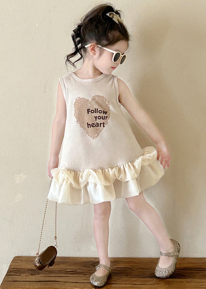 New Beige O-Neck Print Cotton Girls Dresses Sleeveless TT037