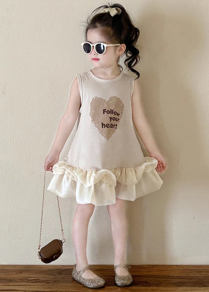 New Beige O-Neck Print Cotton Girls Dresses Sleeveless TT037