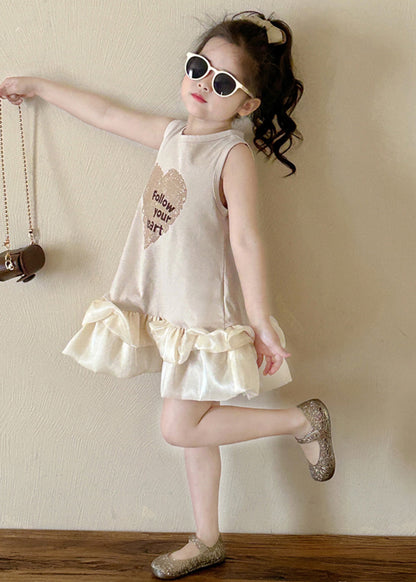 New Beige O-Neck Print Cotton Girls Dresses Sleeveless TT037