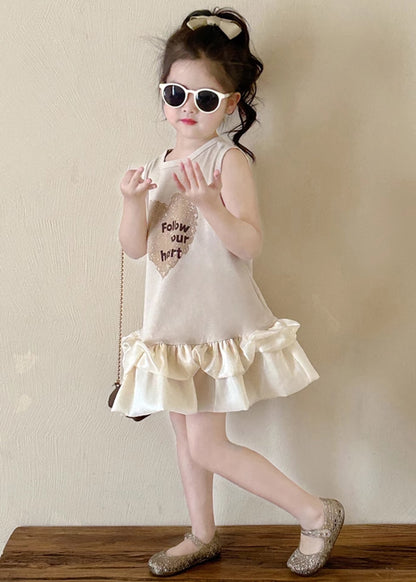 New Beige O-Neck Print Cotton Girls Dresses Sleeveless TT037
