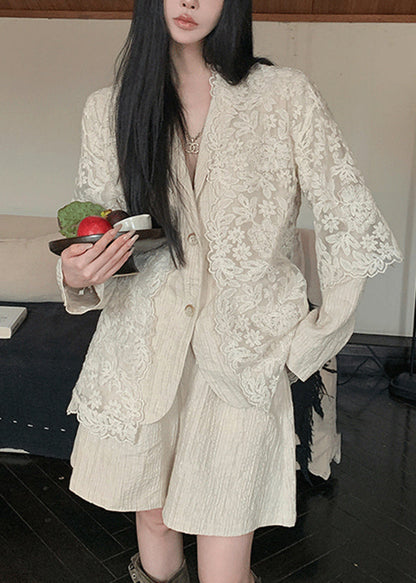 New Beige Peter Pan Collar Coat Cardigans And Shorts Linen Suit Set Spring YY004