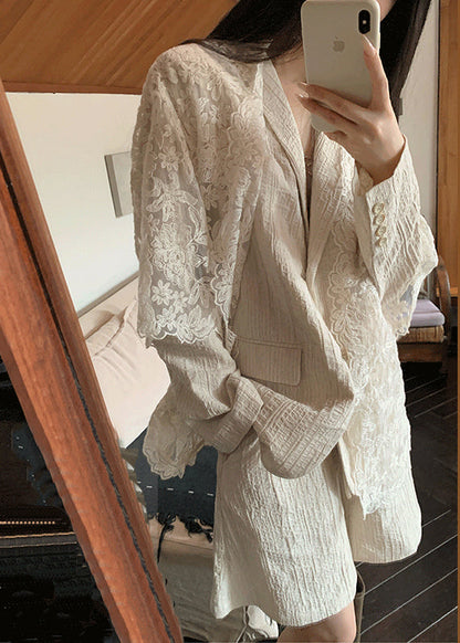 New Beige Peter Pan Collar Coat Cardigans And Shorts Linen Suit Set Spring YY004