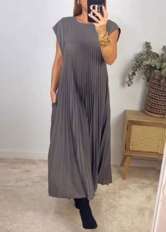 Pockets Wrinkled Dress Beige Solid Long New Summer