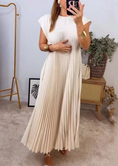 Pockets Wrinkled Dress Beige Solid Long New Summer