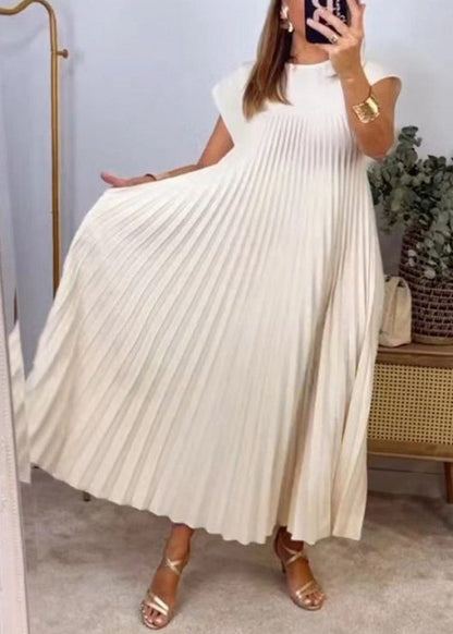 Pockets Wrinkled Dress Beige Solid Long New Summer