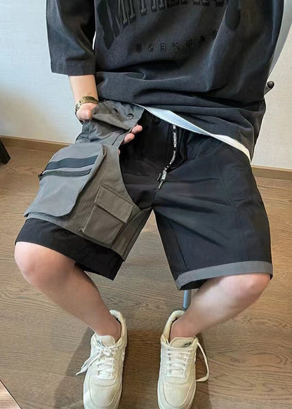 Cotton Shorts Patchwork New Asymmetrical Mens Pockets Black