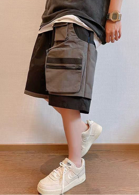 Cotton Shorts Patchwork New Asymmetrical Mens Pockets Black
