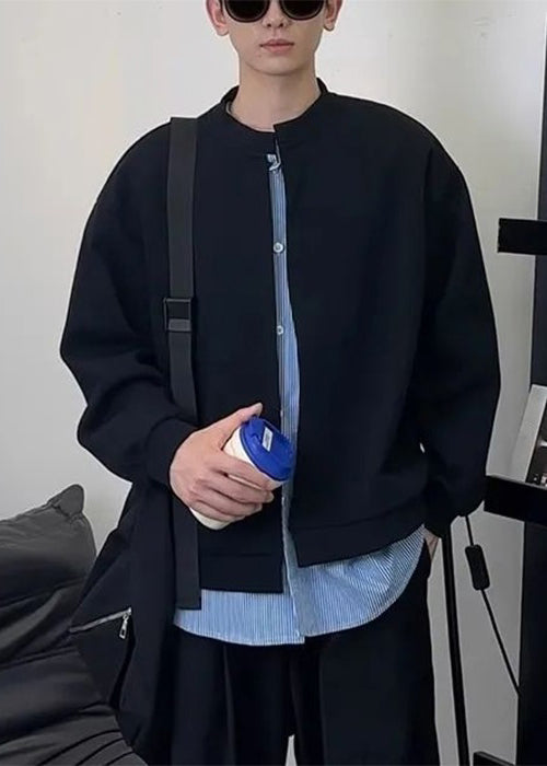 New Black Striped Patchwork Sweatshirts Mens Spring Cotton Button