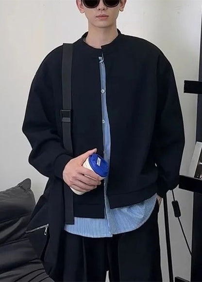 New Black Striped Patchwork Sweatshirts Mens Spring Cotton Button