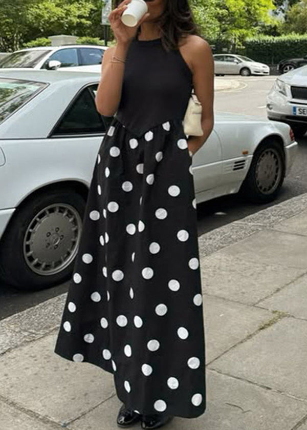 Print Cotton New Patchwork Dot Sleeveless Dresses Black