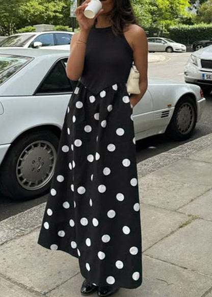 Print Cotton New Patchwork Dot Sleeveless Dresses Black