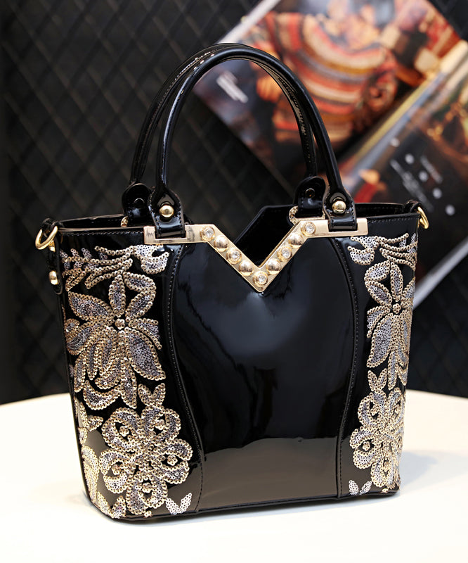 Handbag Zircon Embroidered New Black Leather Faux Tote