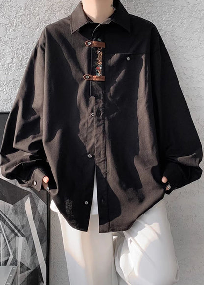 New Black Embroideried Button Cotton Men Shirts Fall WJ033