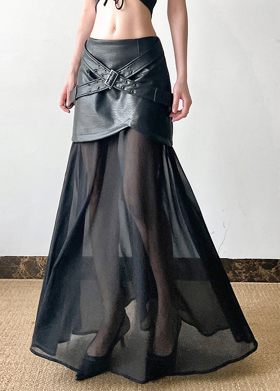 Summer Faux Skirt New Leather Black Tulle Waist High Patchwork