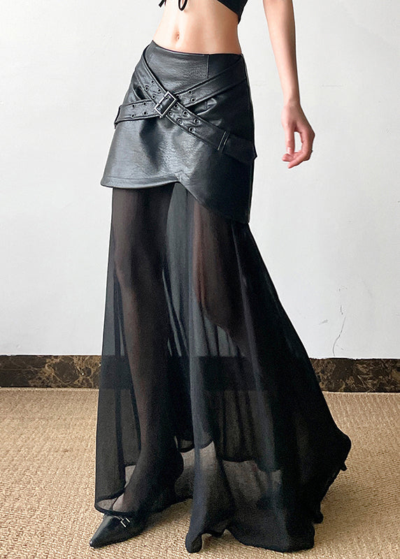 Summer Faux Skirt New Leather Black Tulle Waist High Patchwork