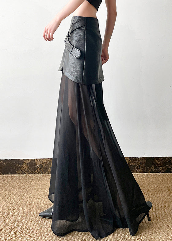 Summer Faux Skirt New Leather Black Tulle Waist High Patchwork
