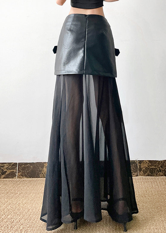 Summer Faux Skirt New Leather Black Tulle Waist High Patchwork