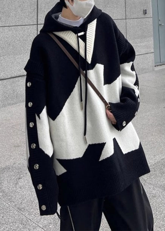 New Men Black Hooded Knit Sweaters Patchwork Cozy Spring