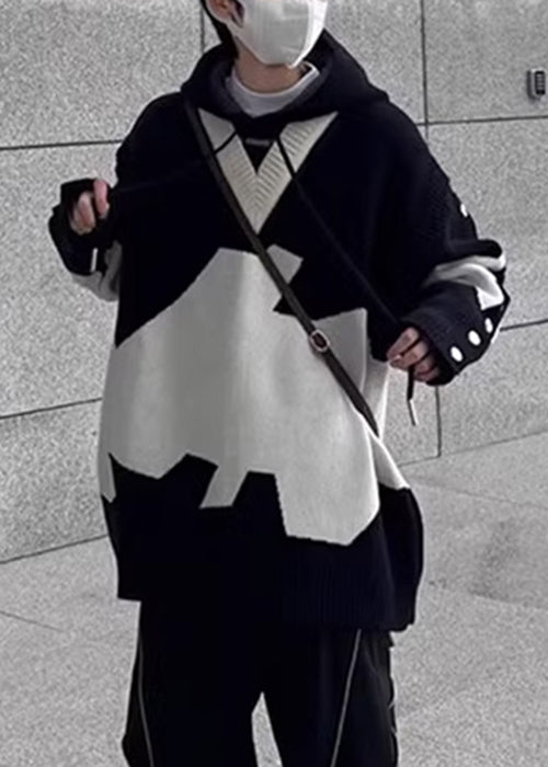 New Men Black Hooded Knit Sweaters Patchwork Cozy Spring