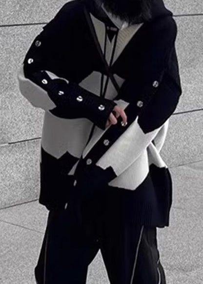 New Men Black Hooded Knit Sweaters Patchwork Cozy Spring