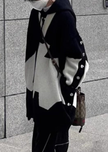 New Men Black Hooded Knit Sweaters Patchwork Cozy Spring