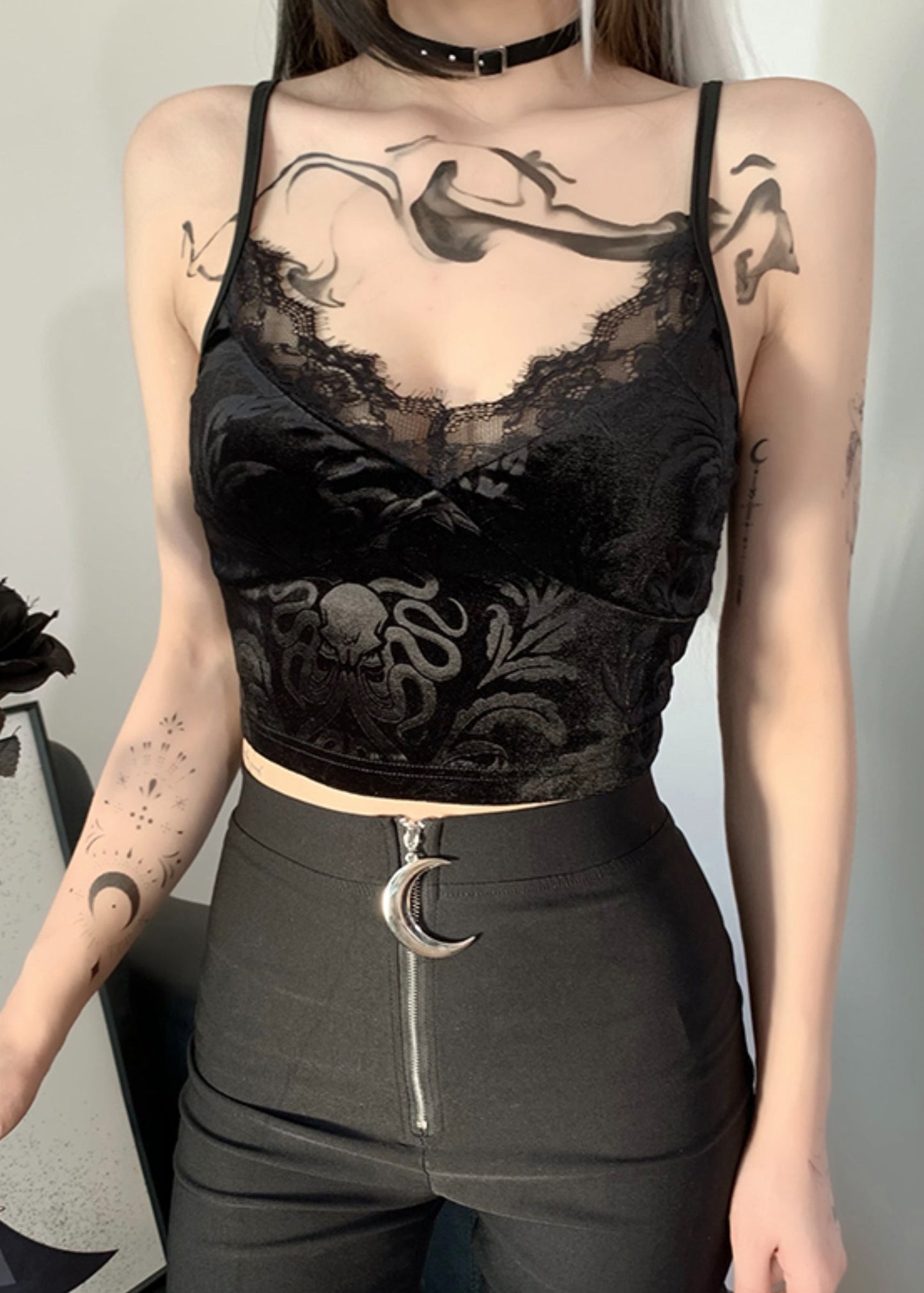 New Black Lace Backless Silk Velour Beach Spaghetti Strap Vest Sleeveless YT030