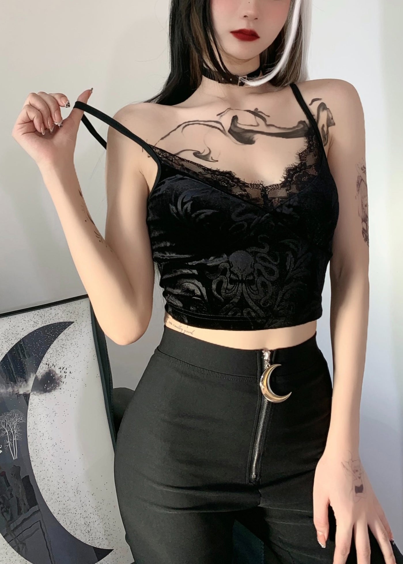 New Black Lace Backless Silk Velour Beach Spaghetti Strap Vest Sleeveless YT030