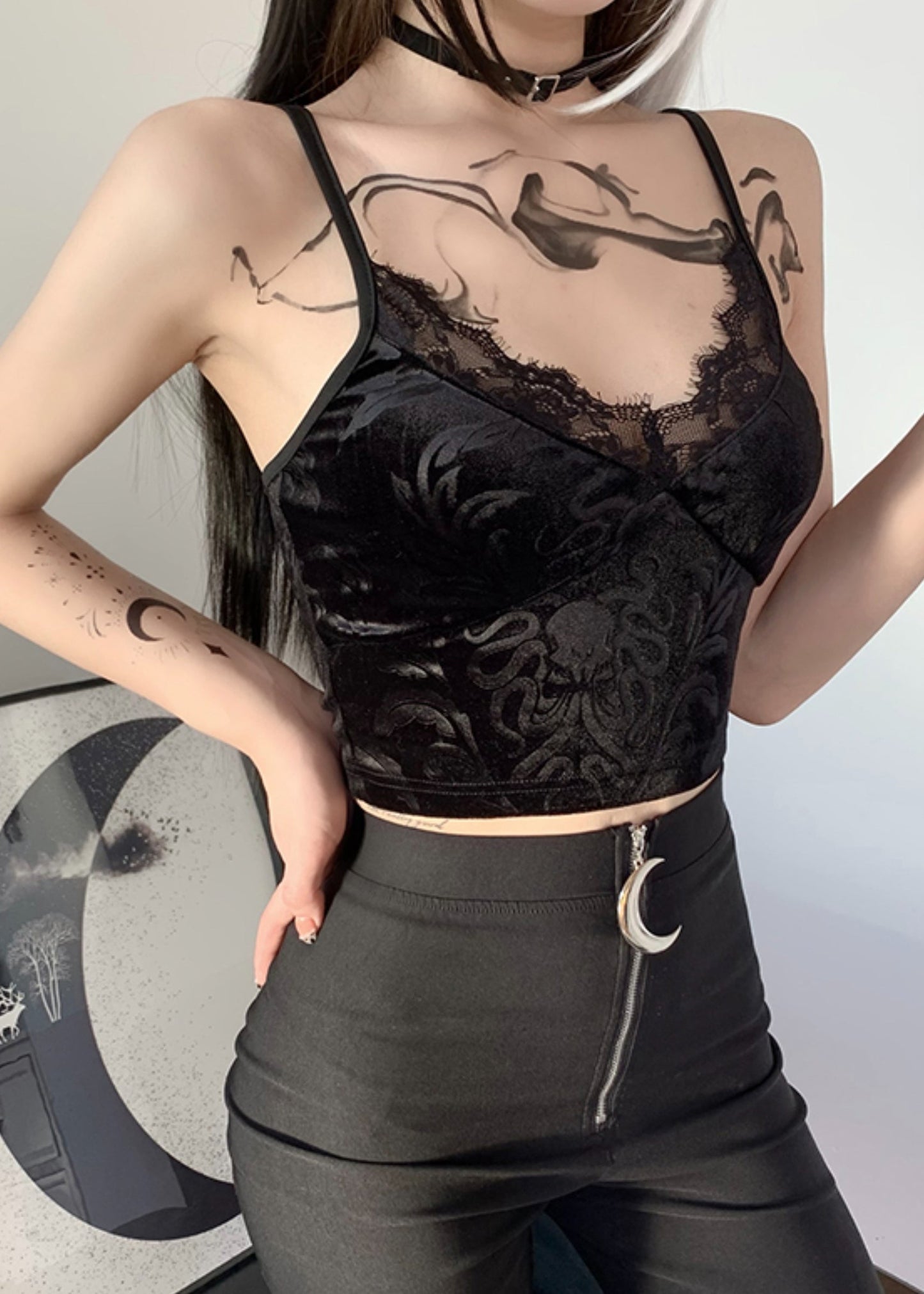 New Black Lace Backless Silk Velour Beach Spaghetti Strap Vest Sleeveless YT030